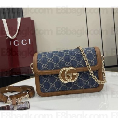 Gucci Go small shoulder bag 826761 blue GG canvas brown leather trim 2025