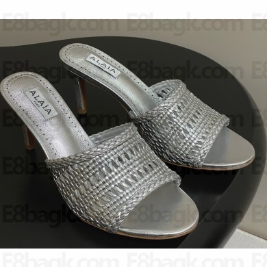 Alaïa woven raffia stiletto mules silver heel 7cm 2025