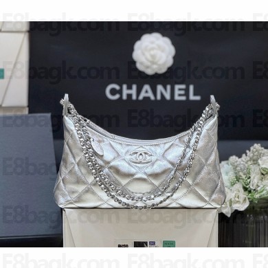 Chanel Hobo Handbag Metallic Calfskin & Silver-Tone Metal AS5528 Silvery 2025 (original quality)