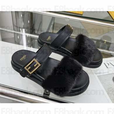 Fendi Feel leather and mink flat slides balck 2025