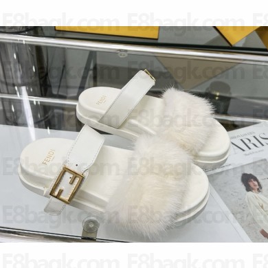 Fendi Feel leather and mink flat slides white 2025