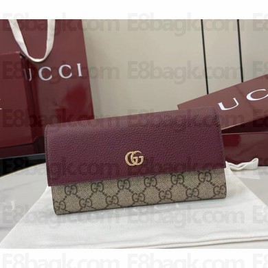 Gucci GG Marmont bi-color continental wallet 456116 Gucci Rosso Ancora red leather, beige and dark brown GG Supreme 2025