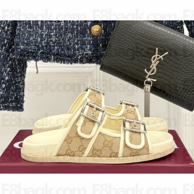 Gucci women's slide sandal with buckles 831830 Beige GG canvas 2025
