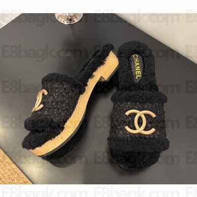 Chanel slides Tweed & shearling with cc logo Black  2025