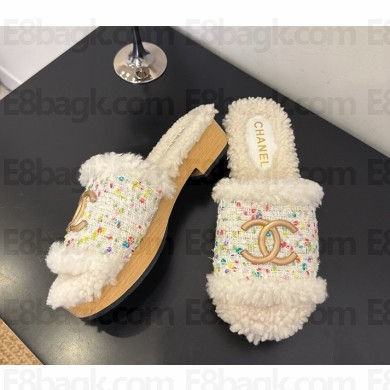 Chanel slides Tweed & shearling with cc logo white 2025