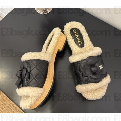 Chanel camellia slides lambskin & shearling with cc logo Black 2025