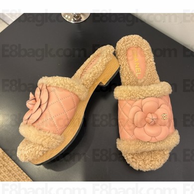 Chanel camellia slides lambskin & shearling with cc logo pink 2025