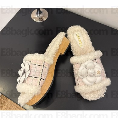 Chanel camellia slides tweed & shearling with cc logo light pink / white 2025