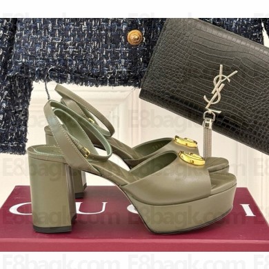 Gucci Women's platform sandal with Double G 832450 army green leather heel 8cm 2025