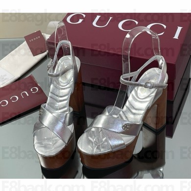 Gucci Women's platform sandal 835313 silver leather heel 13cm 2025