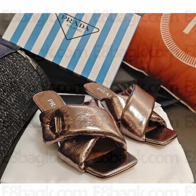 Prada heel 5cm sandal metal leather with Enameled metal triangle logo brown 2025