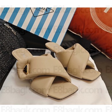 Prada heel 5cm sandal leather with Enameled metal triangle logo beige 2025