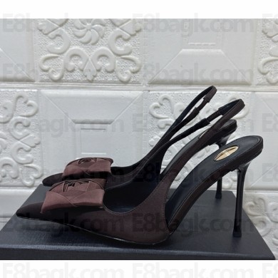 Saint Laurent heel 10cm silk slingback pumps dark brown 2025