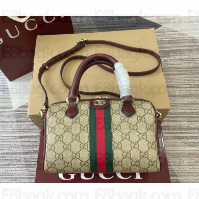 Gucci Ophidia small boston bag 841294 Beige and dark brown GG Monogram coated fabric red leather trim 2025
