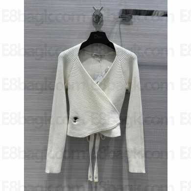 DIOR WHITE Wool Ribbed Knit Wrap-over Sweater 2023