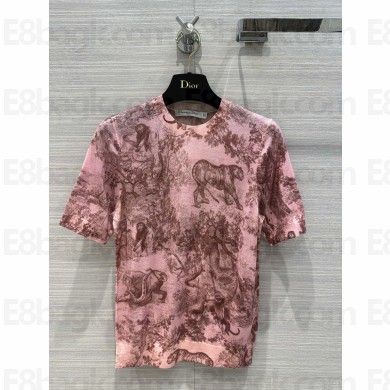 DIOR Pink and Gray Cotton and Linen Jersey with Toile de Jouy Sauvage Motif T-SHIRT 2023