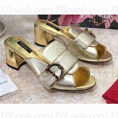 Dolce & Gabbana Heel 6.5cm Leather Sliders Gold With Baroque D&G Logo 2021