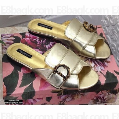 Dolce & Gabbana Leather Flat Sliders Gold With Baroque D&G Logo 2021