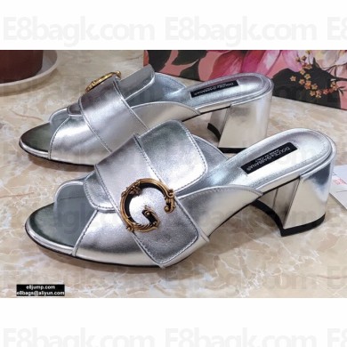 Dolce & Gabbana Heel 6.5cm Leather Sliders Silver With Baroque D&G Logo 2021