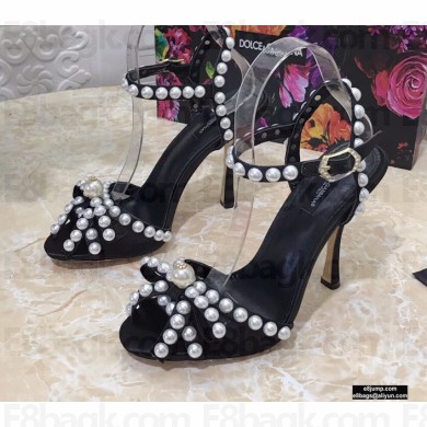 Dolce & Gabbana Heel 10.5cm Satin Sandals Black with Pearl Application 2021