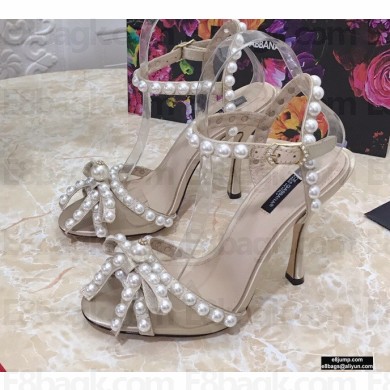 Dolce & Gabbana Heel 10.5cm Satin Sandals Beige with Pearl Application 2021