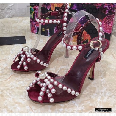 Dolce & Gabbana Heel 10.5cm Satin Sandals Burgundy with Pearl Application 2021