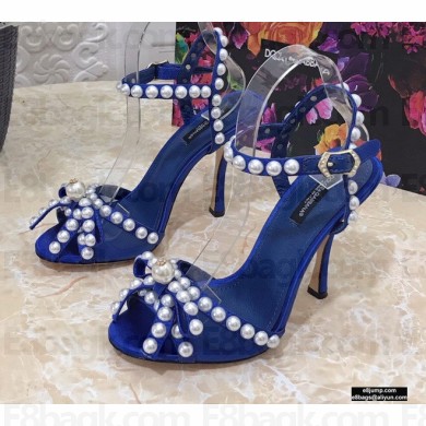 Dolce & Gabbana Heel 10.5cm Satin Sandals Blue with Pearl Application 2021