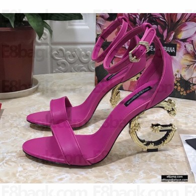 Dolce & Gabbana Heel 10.5cm Leather Sandals Fuchsia with Baroque D&G Heel 2021