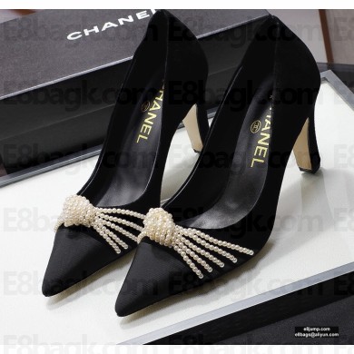 Chanel Heel 7.5cm Pearl Bow Grosgrain Pumps G36391 Suede Black 2021