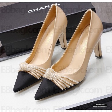 Chanel Heel 7.5cm Pearl Bow Grosgrain Pumps G36391 Beige 2021