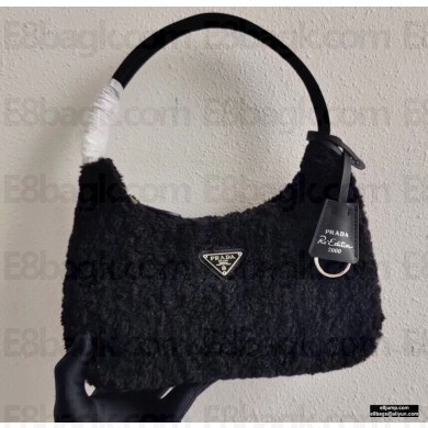 Prada Shearling Re-Edition 2000 Nylon Mini Hobo Bag 1NE515 Black 2021