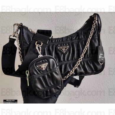 Prada Re-Edition 2005 Gaufré Embossed Leather Shoulder Hobo Bag 1BH204 Black 2021