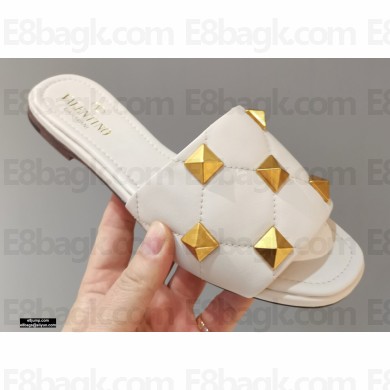 Valentino Quilted Calfskin Roman Stud Slide Sandals White 2021