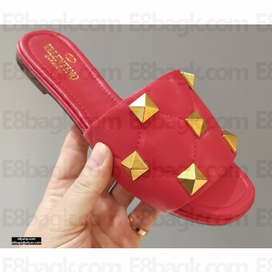 Valentino Quilted Calfskin Roman Stud Slide Sandals Red 2021