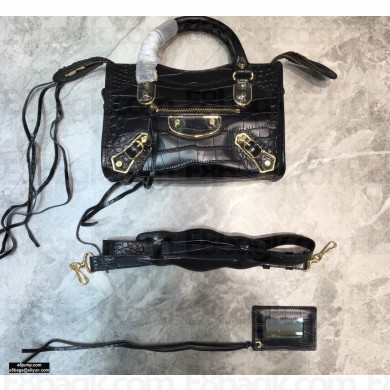 Balenciaga Classic City Mini Bag Crocodile Embossed Calfskin Black/Gold