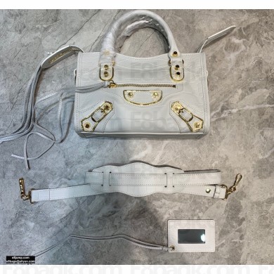 Balenciaga Classic City Mini Bag Crocodile Embossed Calfskin White/Gold