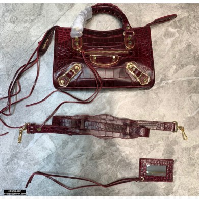 Balenciaga Classic City Mini Bag Crocodile Embossed Calfskin Burgundy/Gold