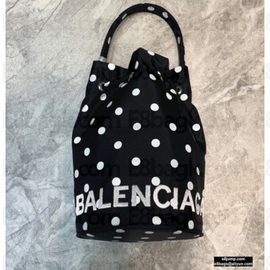 Balenciaga Wheel XS Drawstring Bucket Bag Nylon Polkadots Black