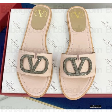 Valentino VLogo Signature Slide Sandals Nude Pink/Crystals 2021