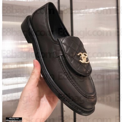 Chanel CC Logo and Quilting Flap Loafers Black 2021