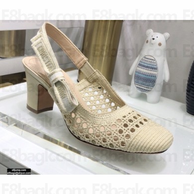 Dior Heel 7cm Moi Slingback Pumps Cannage Embroidered Mesh Creamy 2021