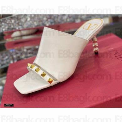 Valentino Sculpted Heel 6.5cm Rockstud Slide Sandals White 2021