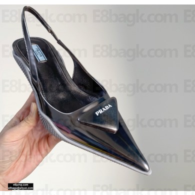 Prada Gabardine Slingback Pumps Metallic Silver with Triangle Logo 2021