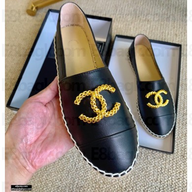 Chanel Gold Metal CC Logo Espadrilles G29762 Black 2021