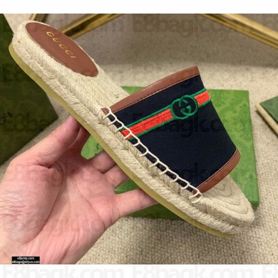 Gucci Interlocking G and Web Embroidered Canvas Espadrilles Slides Black 2021