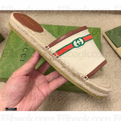 Gucci Interlocking G and Web Embroidered Canvas Espadrilles Slides White 2021