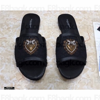 Dolce & Gabbana Lace Sliders Black with Devotion Heart 2021