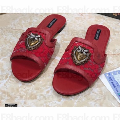 Dolce & Gabbana Lace Sliders Red with Devotion Heart 2021