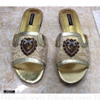 Dolce & Gabbana Lace Sliders Gold with Devotion Heart 2021