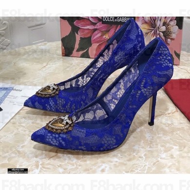 Dolce & Gabbana Heel 10.5cm Taormina Lace Pumps Blue with Devotion Heart 2021